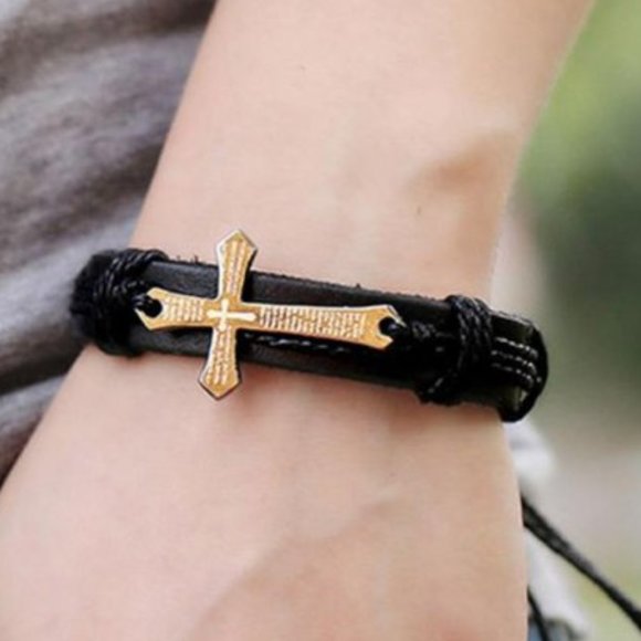 Black Leather Bracelet with Cross, Lords Prayer, Christian‎ God, Jesus, Catholic - Picture 1 of 4